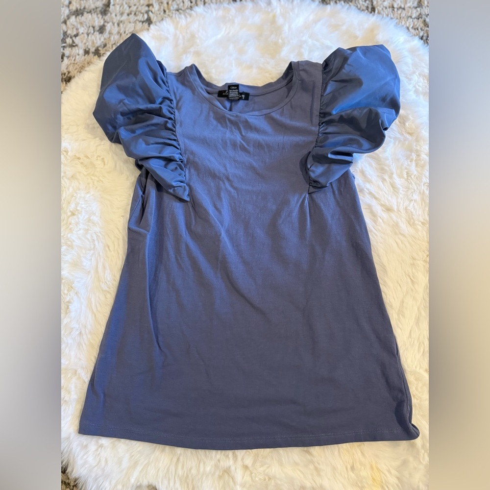 Alove Story Puff Sleeve Top Women’s Small Blue Short Sleeve Blouse